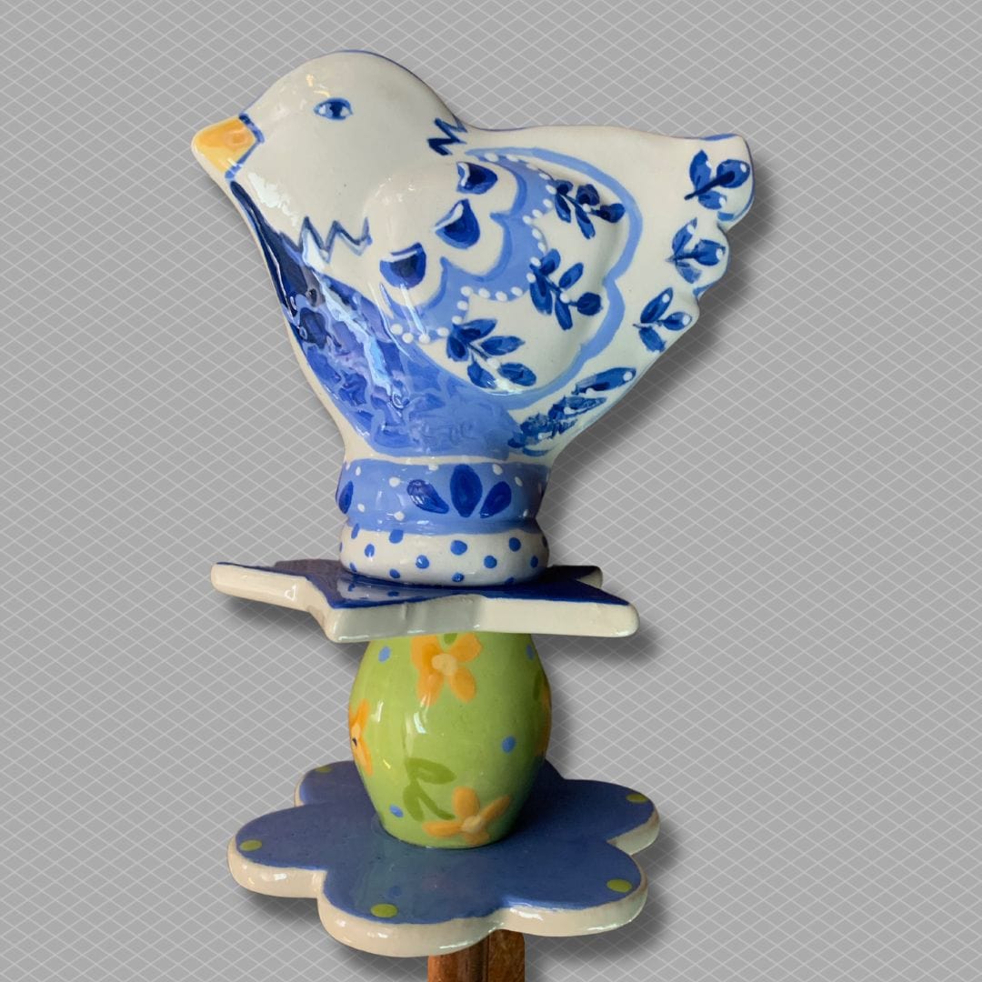 Blue & White Bird Garden Sculpture with Green Bead Ready to Ship