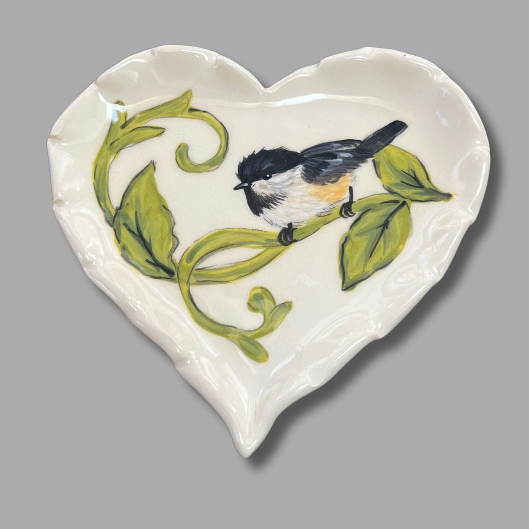 Sale! Chickadee with Vine swirls Heart Soap Dish