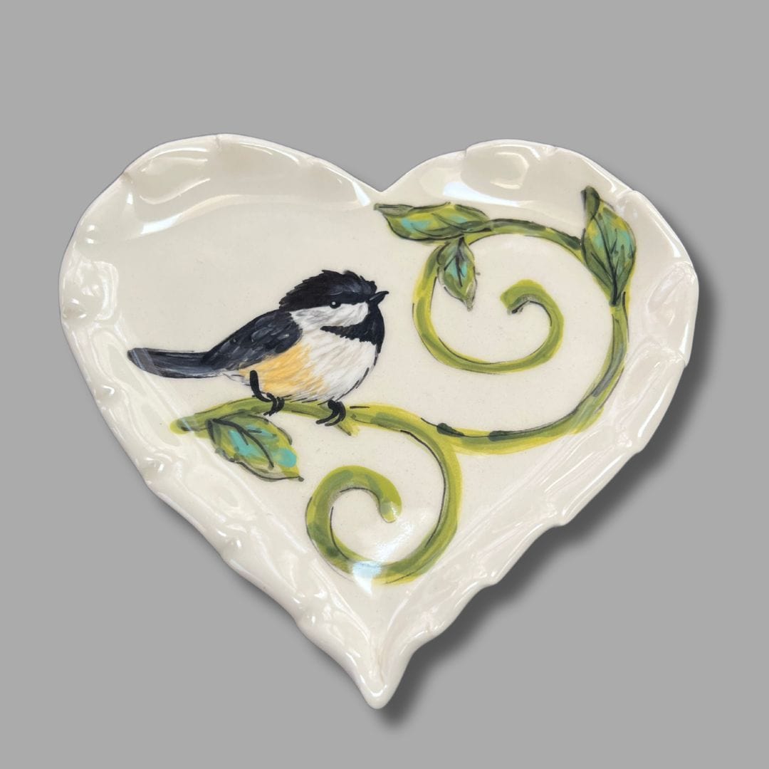 Sale! Chickadee with Vine swirls Heart Soap Dish