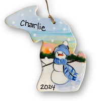 Michigan Winter Snowman Sunset Ornament (with UP)