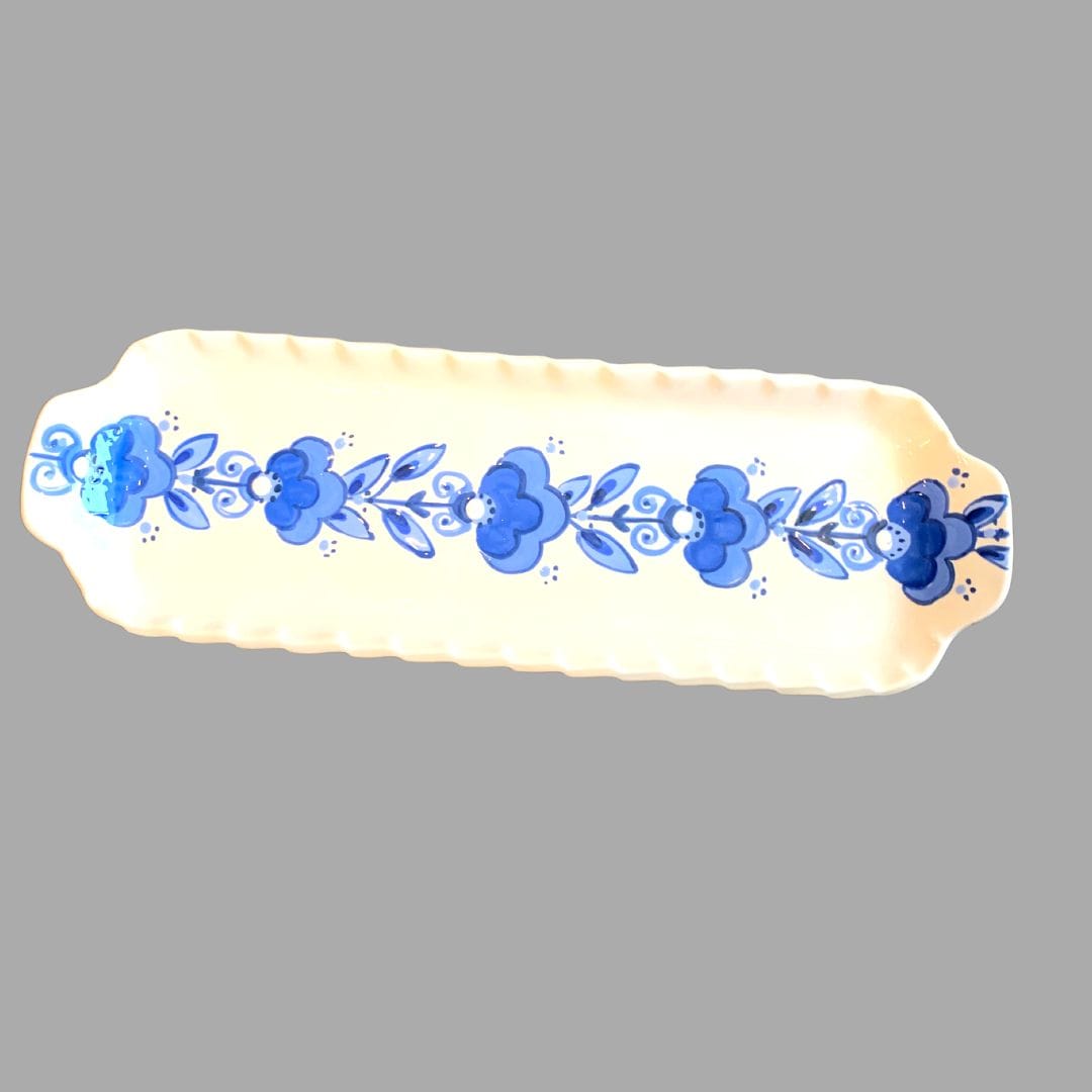 Blue and White Medium Handled Rectangular Tray