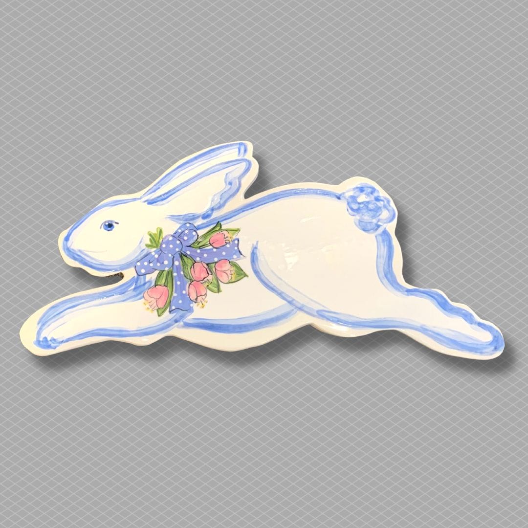 Running Bunny Garden Stake with Pink Tulips and Blue ribbon