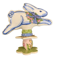 Running Bunny with Blue Ribbon and Pink Flowers Garden Sculpture