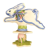 Running Bunny with Blue Ribbon and Pink Flowers Garden Sculpture
