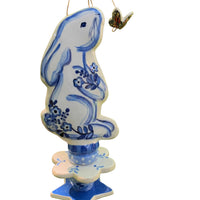 Blue and White Standing Bunny Garden Sculpture