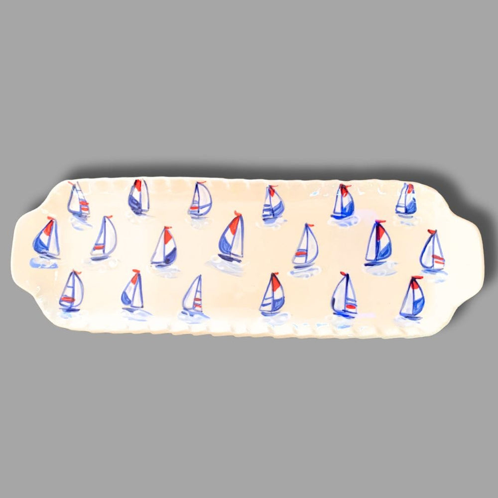 Red, White and Blue Sailboat Medium Handled Rectangular Tray