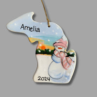 Michigan Winter Snowman Sunset Ornament (with UP)