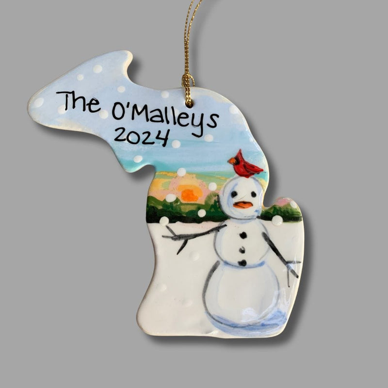 Michigan Winter Snowman Sunset Ornament (with UP)