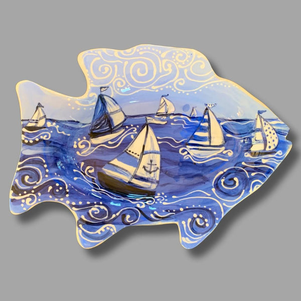White and Blue Sailboat Fish Tray