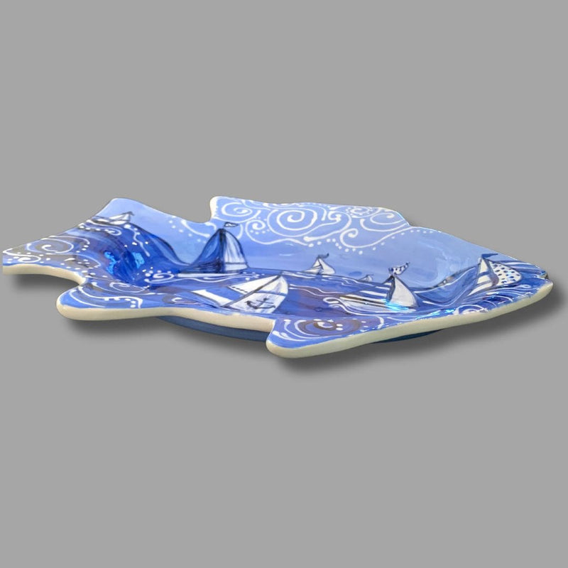 White and Blue Sailboat Fish Tray