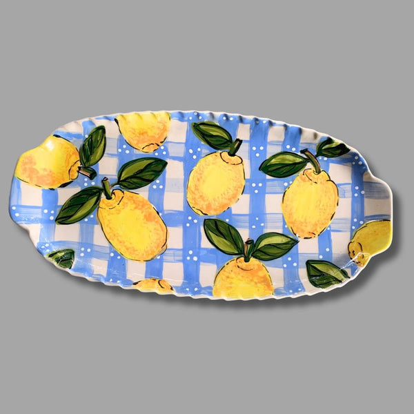 Lemon and Plaid Large Handled Tray
