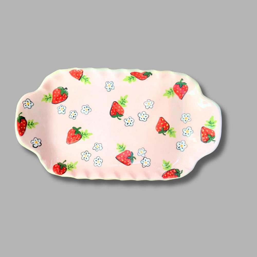 Pink Strawberry Small Handled Rectangular Tray
