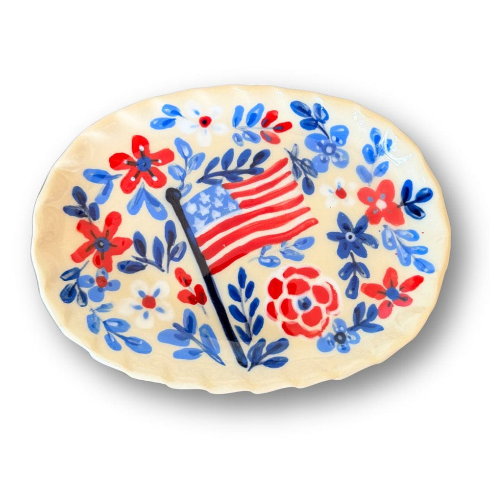 Red, White and Blue Floral Small Oval Tray