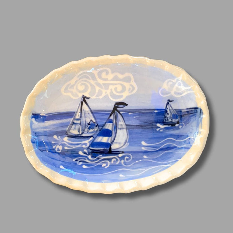 White and  Blue Sailboat Small Oval Tray