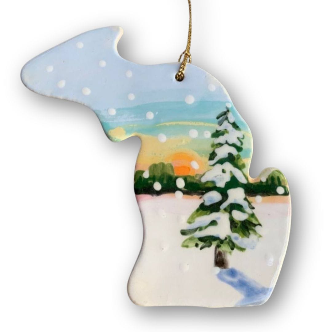 Michigan Winter Pine with Sunset Ornament (with UP)