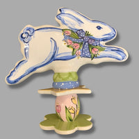 Running Bunny with Blue Ribbon and Pink Flowers Garden Sculpture