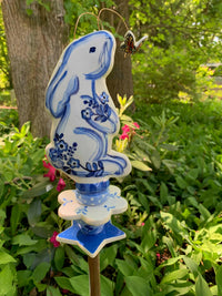 Blue and White Standing Bunny Garden Sculpture