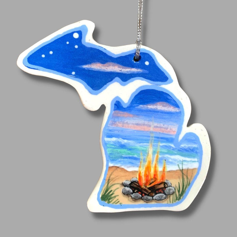 Michigan Beach Campfire Ornament (with UP)
